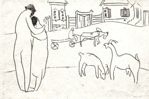 Anatoli Kaplan, Straße mit Liebespaar und Zicklein, Radierung, 1973